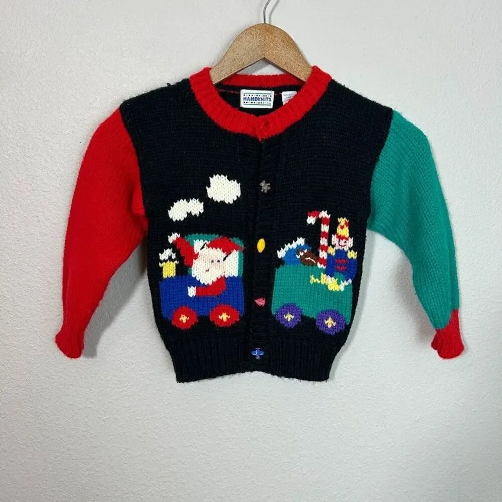 VTG Handknits By BJ Knit Cardigan Sweater 4T Christmas Santa Clause Kitschy